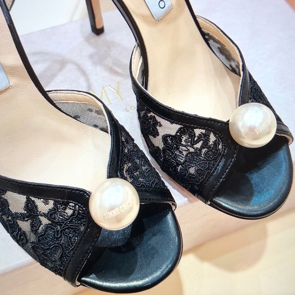 Jimmy Choo Black Lace Pearl-Embellished Ankle-Strap Heels - Picture 5 of 6